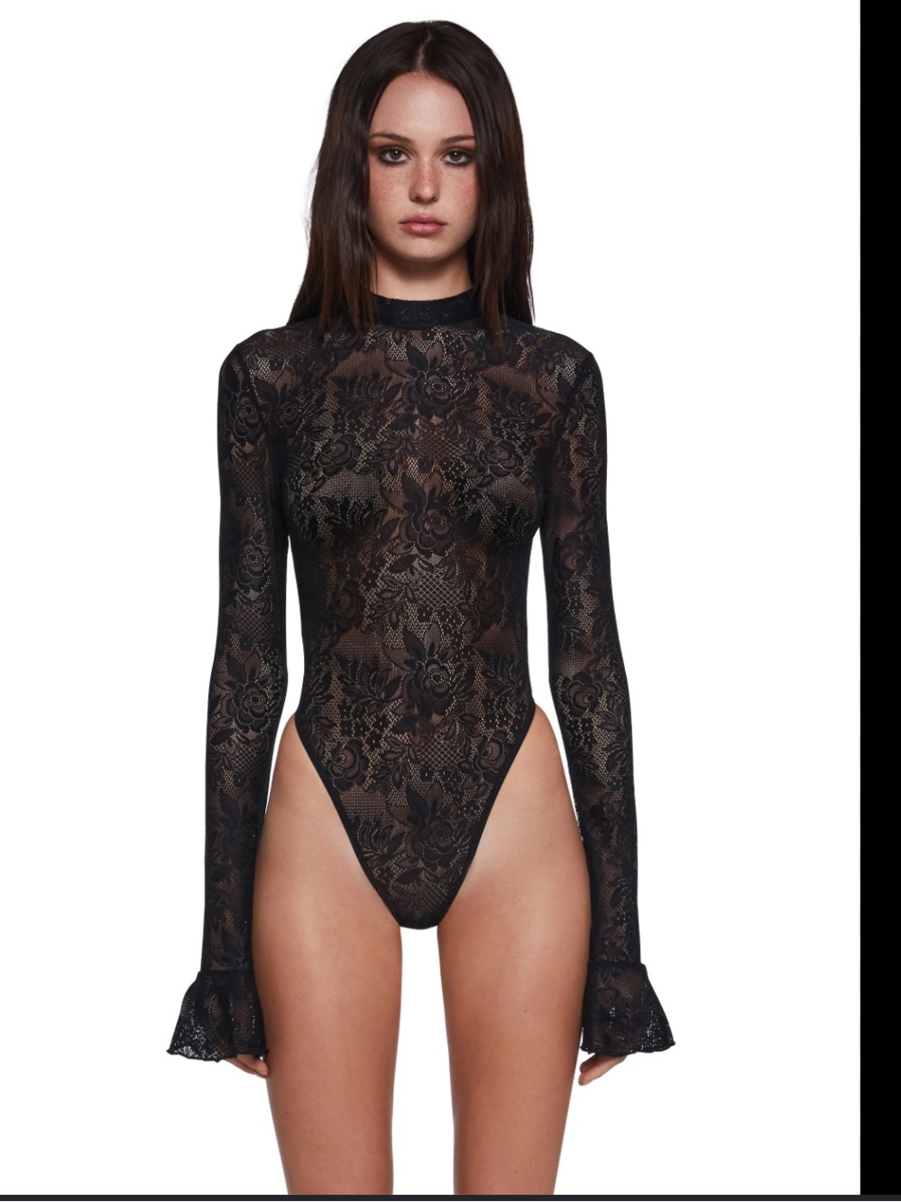 AKIRA Black Floral Lace Long-Sleeve High-Cut Bodysuit
